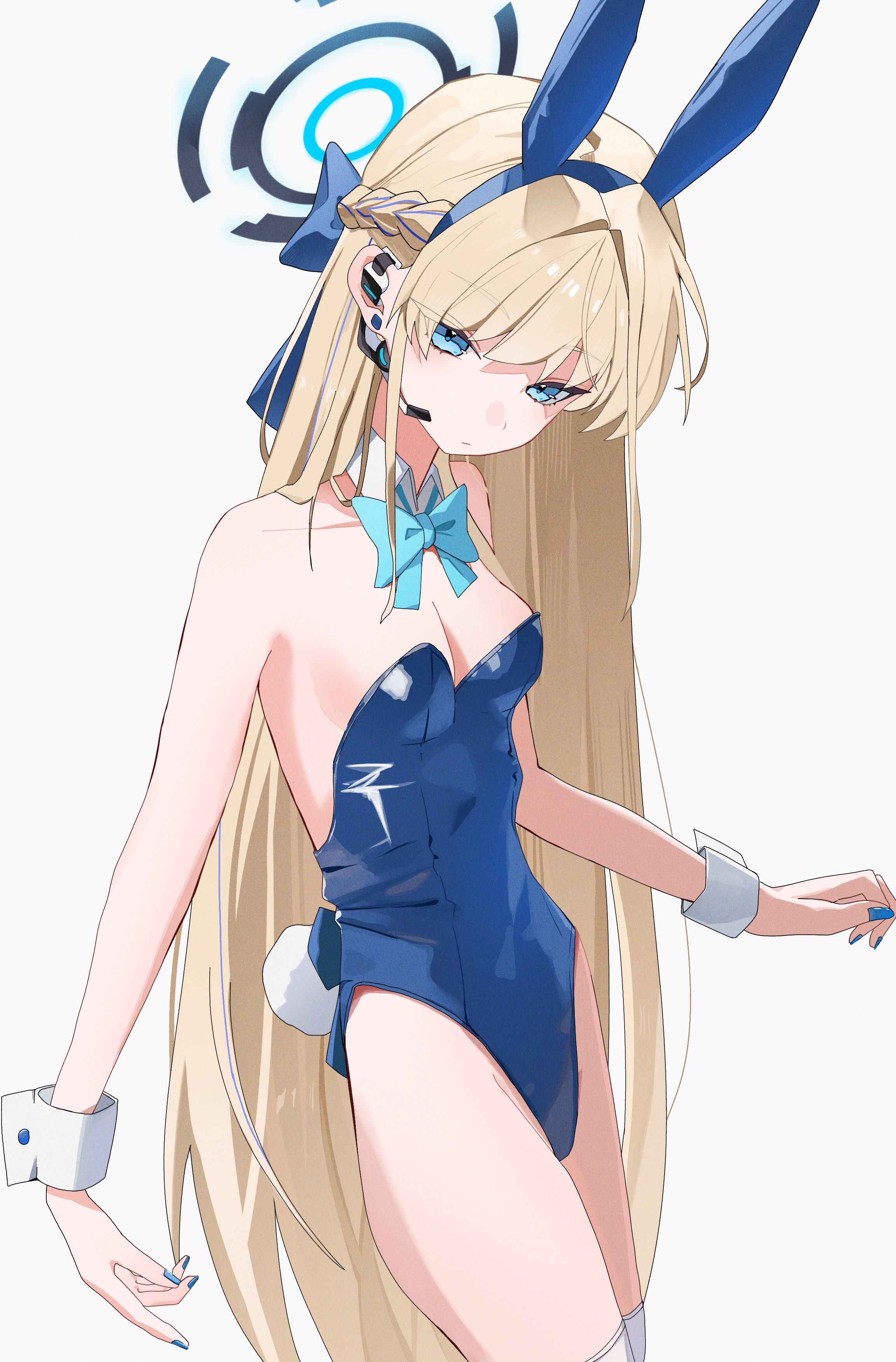 toki (blue archive), toki (bunny) (blue archive), blue archive, absurdres, commentary, hashtag-only commentary, highres, symbol-only commentary, 1girl, :/, animal ear hairband, animal ears, back bow, backless leotard, bare arms, bare shoulders, blonde hair, blue bow, blue bowtie, blue eyes, blue hairband, blue halo, blue leotard, blue nails, blue streaks, bow, bowtie, braid, breasts, closed mouth, cowboy shot, detached collar, earpiece, expressionless, facing down, fake animal ears, fake tail, fingernails, hair bow, hair intakes, hairband, half up braid, halo, halo behind head, head down, headset, highleg, highleg leotard, leotard, long hair, looking at viewer, multicolored hair, nail polish, playboy bunny, rabbit ear hairband, rabbit ears, rabbit tail, simple background, small breasts, solo, standing, straight hair, strapless, strapless leotard, streaked hair, tail, thighhighs, tsurime, two-tone hair, v vv, very long hair, white background, white tail, white thighhighs, white wrist cuffs, wing collar, wrist cuffs