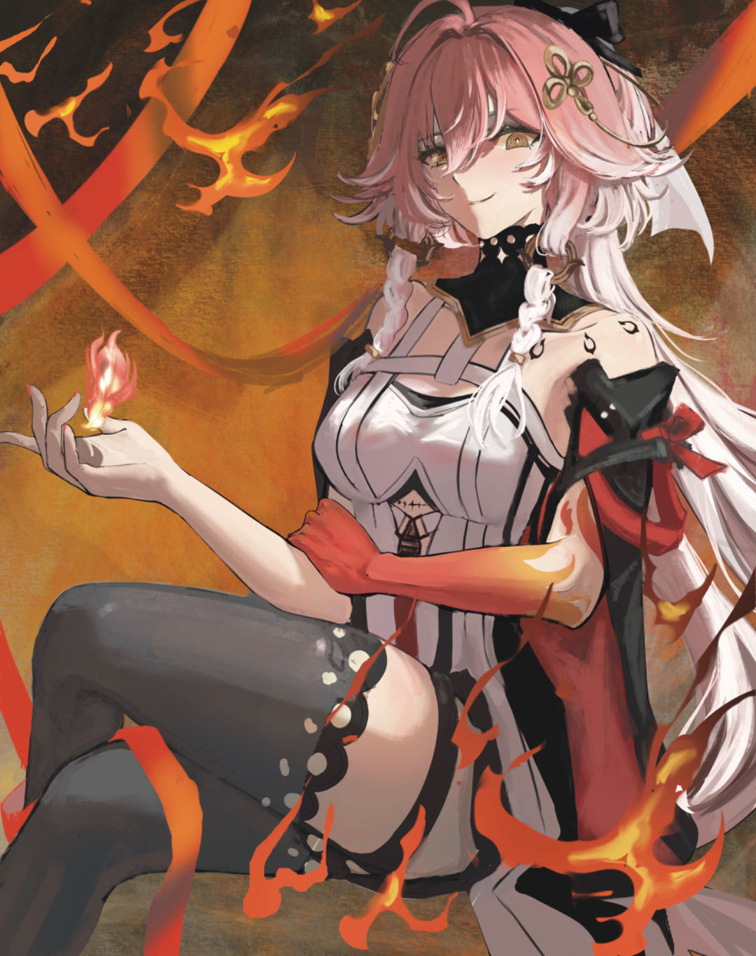 minglu (gululu), changli (wuthering waves), wuthering waves, commentary, highres, 1girl, ahoge, bare shoulders, black collar, black thighhighs, body markings, braid, breasts, closed mouth, collar, colored extremities, crossed legs, dress, hair between eyes, hair extensions, hair ornament, hand up, long hair, looking at viewer, medium breasts, multicolored hair, pink hair, red hands, ring hair extensions, smile, solo, tacet mark (wuthering waves), thighhighs, thighs, twin braids, two-tone hair, very long hair, white dress, white hair, yellow eyes