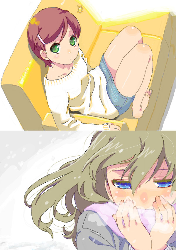 mattaku mousuke, original, 2girls, barefoot, blue eyes, breath, cold, colored eyelashes, couch, eyelashes, green eyes, hair ornament, hairclip, looking up, multiple girls, scarf, snow