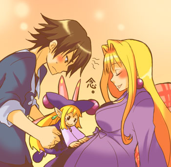tsuyuka (sunny spot), cherie espoir, kururu (marl kingdom), marius (marl kingdom), marl kingdom, nippon ichi, tenshi no present, lowres, 1boy, 2girls, blonde hair, blush, brown hair, doll, long hair, multiple girls, pregnant, short hair