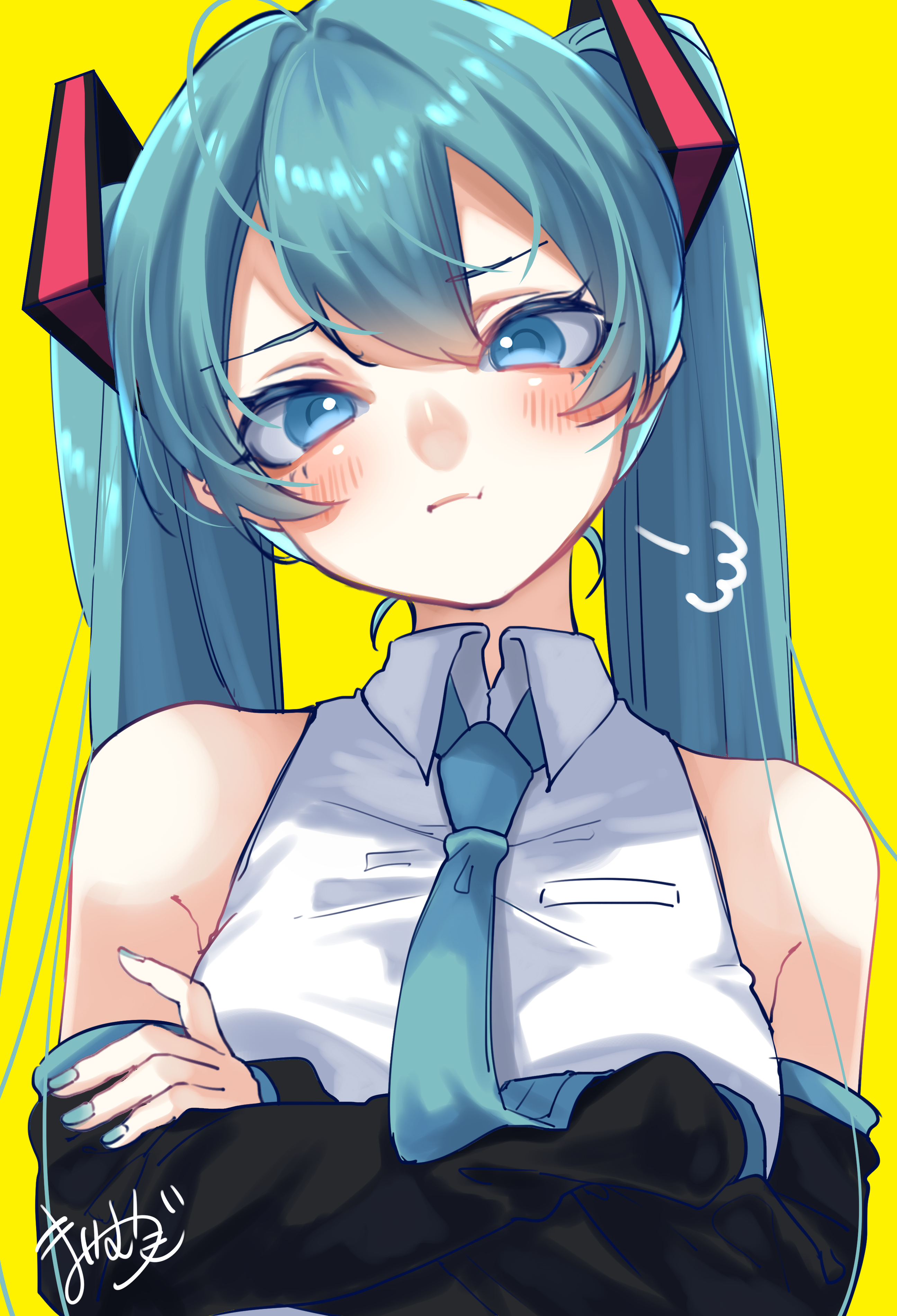 mai mugi, hatsune miku, vocaloid, absurdres, highres, 1girl, :t, aqua eyes, aqua hair, aqua nails, aqua necktie, aqua trim, blush, breasts, closed mouth, collared shirt, crossed arms, detached sleeves, hair between eyes, hair ornament, long hair, long sleeves, looking at viewer, medium breasts, necktie, pout, shirt, sleeveless, sleeveless shirt, solo, twintails, very long hair, wide sleeves, yellow background