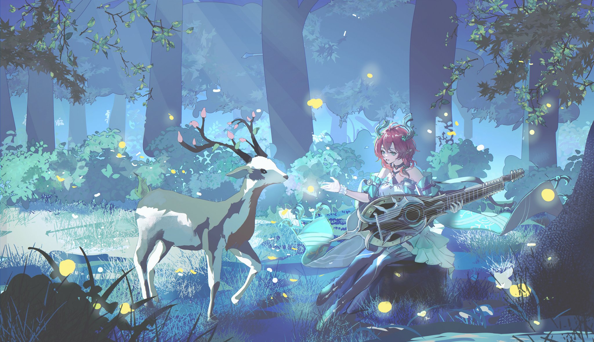 minglu (gululu), ciaccona (wuthering waves), wuthering waves, commentary, highres, symbol-only commentary, 1girl, black boots, boots, deer, dress, fireflies, forest, frilled wrist cuffs, frills, green dress, green eyes, green jacket, holding, holding instrument, instrument, jacket, medium hair, nature, outdoors, pointy ears, red hair, solo, thigh boots, tree horns, wrist cuffs