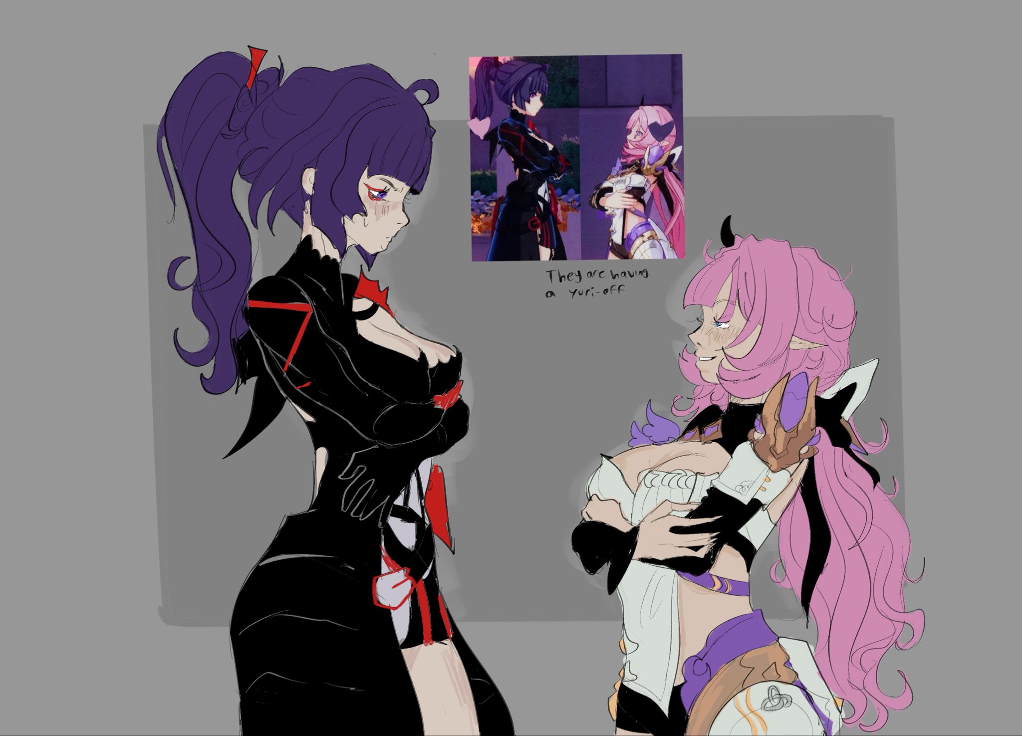 elysia (honkai impact), elysia (miss pink elf) (honkai impact), raiden mei, raiden mei (danzai spectramancer), raiden mei (orochi cuirass), honkai (series), honkai impact 3rd, commentary, highres, 2girls, ahoge, black dress, black shorts, blue eyes, breasts, cleavage, clothing cutout, corset, crossed arms, dress, elf, english text, from side, game screenshot inset, grey background, large breasts, long hair, multiple girls, pink hair, pointy ears, ponytail, purple eyes, purple hair, reference inset, short shorts, shorts, side cutout, white corset, yurrigoddess