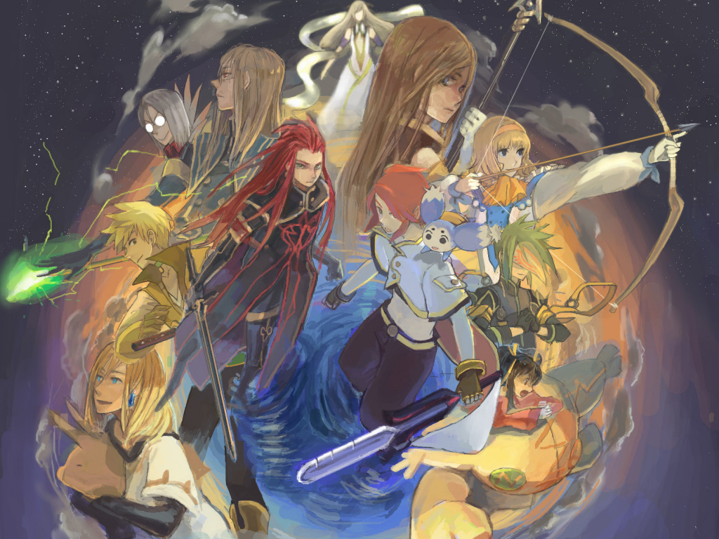 anise tatlin, asch (tales), dist, dist (tales), guy cecil, jade curtiss, luke fon fabre, mieu (tales), natalia luzu kimlasca lanvaldear, peony ix, sync (tales), tear grants, tokunaga (tales), yulia jue, tales of (series), tales of the abyss, 00s, 4girls, 6+boys, ascot, black hair, blonde hair, blue eyes, bow, brown hair, glasses, green hair, hairband, long hair, mask, multiple boys, multiple girls, orange ascot, polearm, red hair, short hair, spear, surcoat, sword, twintails, weapon