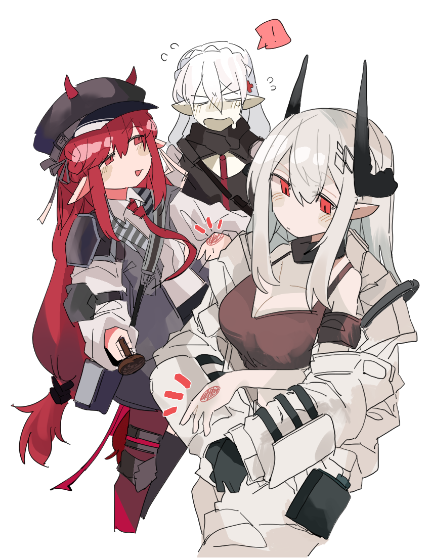 odmised, mudrock (arknights), mudrock (elite ii) (arknights), vigna (arknights), warfarin (arknights), arknights, !, 3girls, :d, asymmetrical legwear, black choker, black tank top, black vest, braid, breasts, choker, cleavage, flying sweatdrops, horns, horns through headwear, long hair, mismatched legwear, multiple girls, necktie, open mouth, pointy ears, red eyes, red hair, red necktie, shirt, simple background, smile, speech bubble, stamp mark, sweatdrop, tank top, v-shaped eyebrows, vest, white background, white hair, white shirt