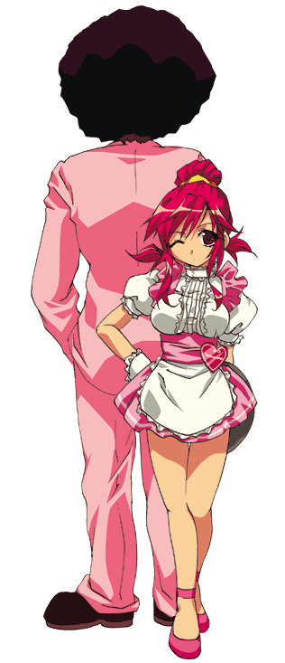 duster (mother), kumatora, yoshikoshi (mother 3), anna miller, mother (series), mother 3, nintendo, 1boy, 1girl, afro, formal clothes, one eye closed, pink hair, pink shoes, red eyes, shoes, suit, tray, waitress, wink