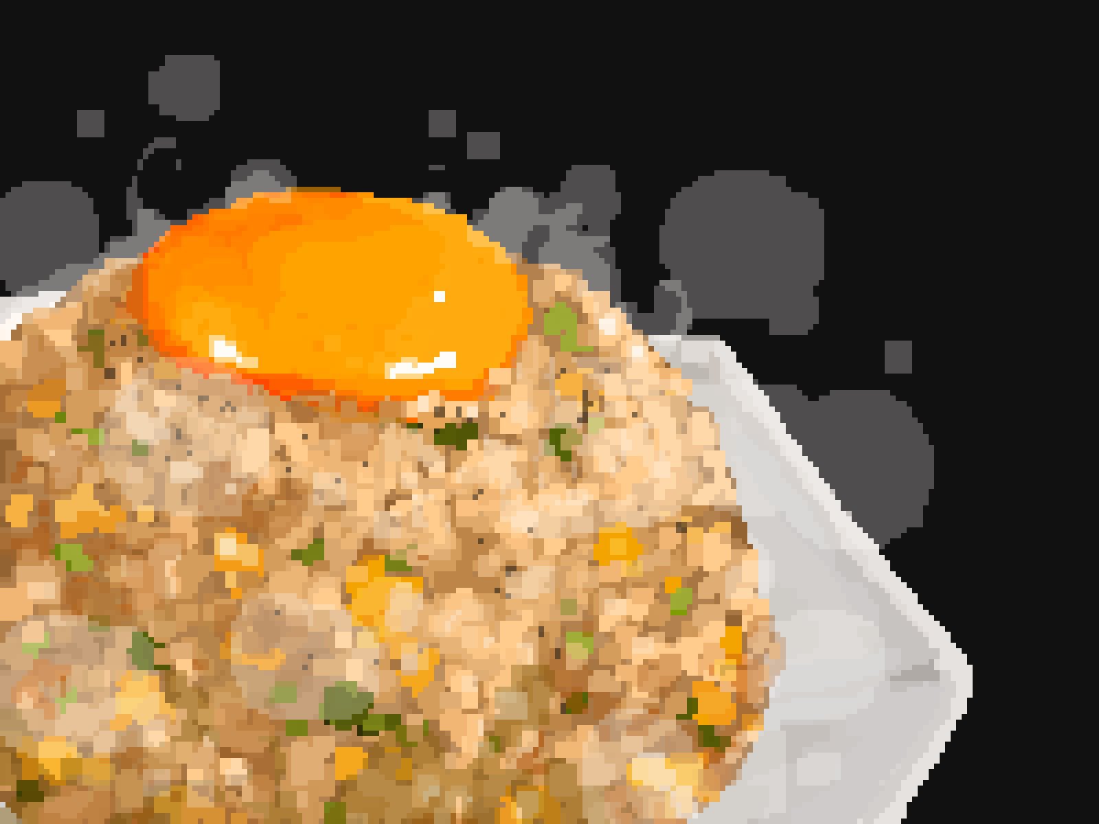 hisachan55cute, original, highres, close-up, corn, egg yolk, food, food focus, fried rice, no humans, peas, pixel art, plate, steaming food