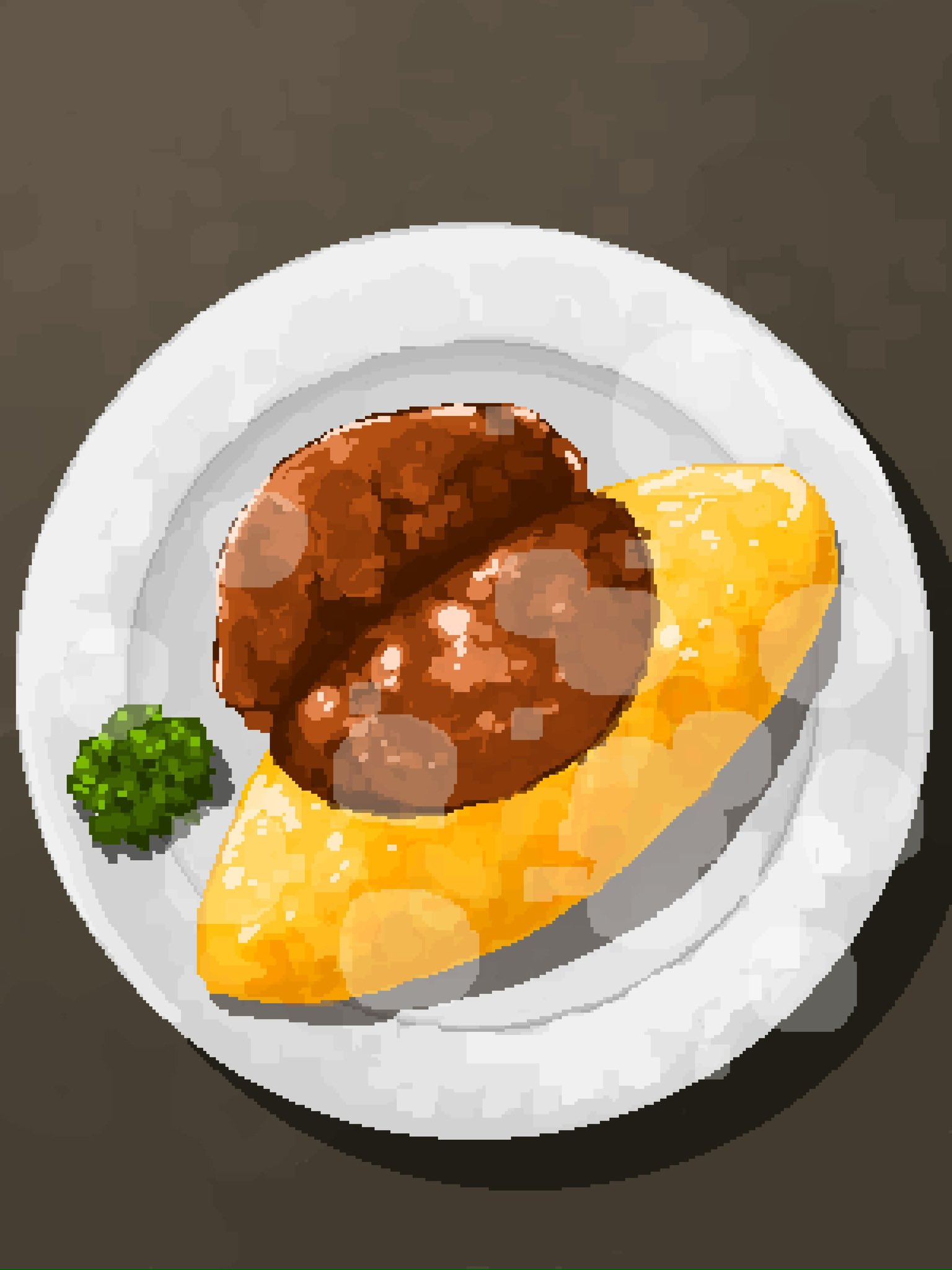 hisachan55cute, original, highres, food, food focus, from above, no humans, omelet, omurice, pixel art, plate, sauce, steaming food