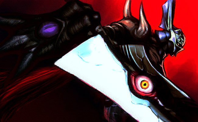 nightmare (soulcalibur), soul calibur, soulcalibur, soulcalibur ii, 1boy, armor, eyeball, gradient background, helmet, male focus, solo, soul edge (weapon), sword, weapon