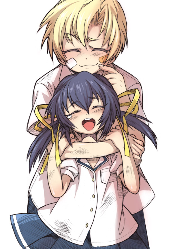kimimaru, sunohara mei, sunohara youhei, clannad, bad id, bad pixiv id, 00s, 1boy, 1girl, bandaid, bandaid on face, blonde hair, blue hair, brother and sister, closed eyes, facing viewer, long hair, school uniform, short hair, siblings, twintails