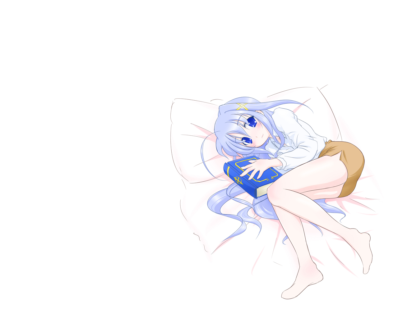 book of the azure sky, reinforce zwei, lyrical nanoha, mahou shoujo lyrical nanoha, mahou shoujo lyrical nanoha strikers, silver hair, md5 mismatch, resolution mismatch, source smaller, 00s, 1girl, bed, blue eyes, blush, book, female focus, full body, hair ornament, looking at viewer, pillow, short hair, simple background, solo, white background, x hair ornament