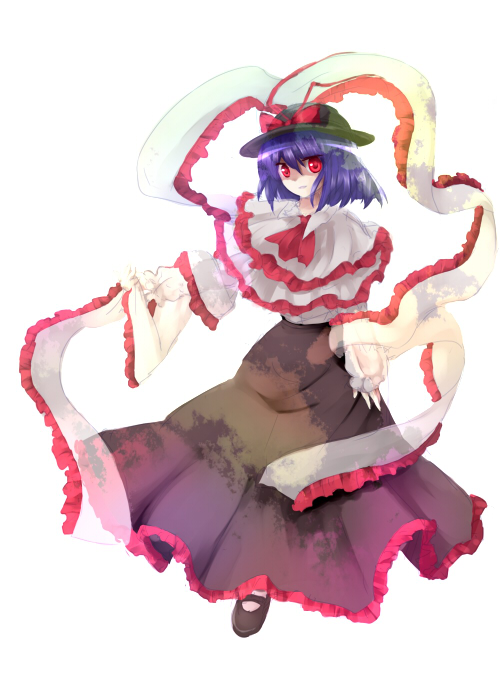 shigu, nagae iku, touhou, bad id, bad pixiv id, 1girl, blue hair, dress, female focus, full body, hat, hat ribbon, mary janes, red eyes, ribbon, scarf, shoes, short hair, simple background, solo, white background