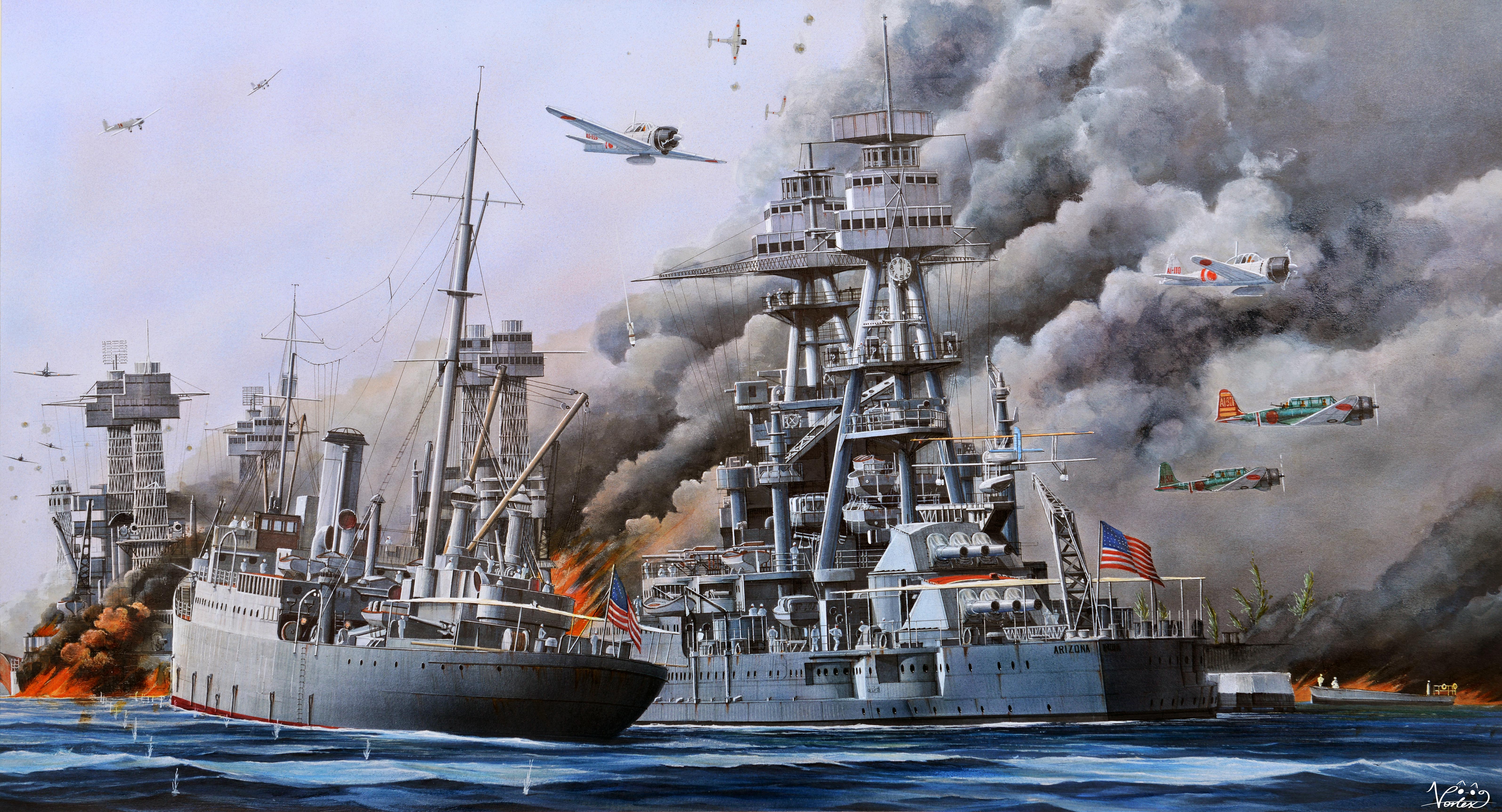 vortex (xu xuanwo), a6m zero, d3a, uss arizona (bb-39), uss tennessee (bb-43), uss west virginia (bb-48), original, united states navy, absurdres, commentary request, highres, 6+boys, american flag, b5n, battleship, fire, hawaii, historical american flag, historical event, imperial japanese navy, mast, military, military uniform, military vehicle, multiple boys, naval uniform, naval working uniform, ocean, outdoors, pearl harbor, roundel, ship, signature, smoke, smokestack, uss vestal (ar-4), warship, watercraft, wharf, world war ii