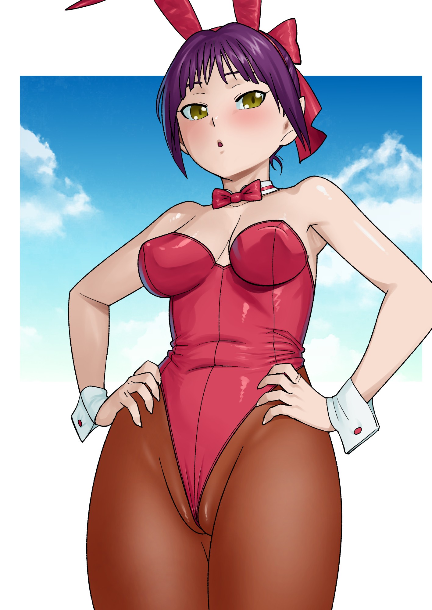 matsuda shin, nekomusume, gegege no kitarou, commentary request, highres, 1girl, animal ear hairband, animal ears, blue sky, bow, bowtie, brown pantyhose, cloud, detached collar, fake animal ears, hair ribbon, hairband, hands on own hips, leotard, looking at viewer, pantyhose, playboy bunny, purple hair, rabbit ears, red bow, red bowtie, red leotard, red ribbon, ribbon, skindentation, sky, solo, strapless, strapless leotard, wedgie, wrist cuffs, yellow eyes