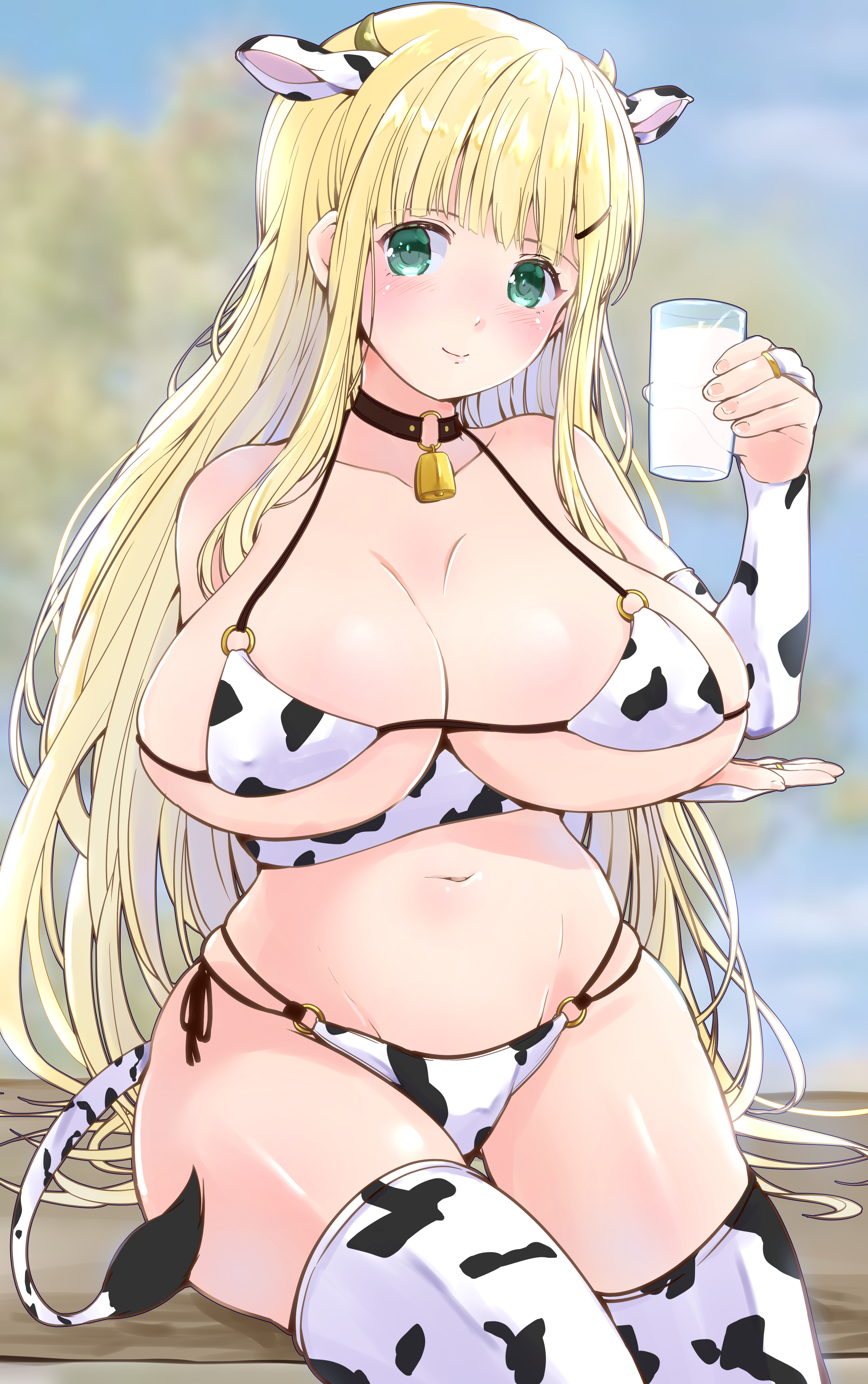 ryou.r, yomi (senran kagura), senran kagura, absurdres, commentary request, highres, 1girl, animal ear hairband, animal ears, animal print, bell, bikini, blonde hair, bottle, breasts, bridal gauntlets, cow ear hairband, cow ears, cow girl, cow horns, cow print, cow print bikini, cow print thighhighs, cow tail, cowbell, fake animal ears, fake horns, hair ornament, hairband, hairclip, horns, large breasts, long hair, looking at viewer, milk, milk bottle, neck bell, print bikini, print thighhighs, smile, solo, swimsuit, tail, thighhighs