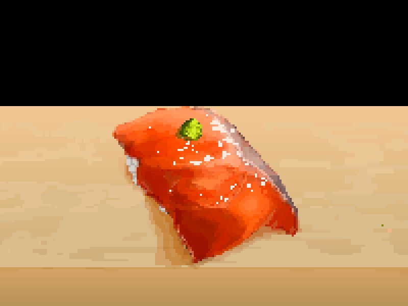 hisachan55cute, original, black background, fish (food), food, food focus, nigirizushi, no humans, on table, pixel art, sashimi, simple background, sushi, table, wasabi