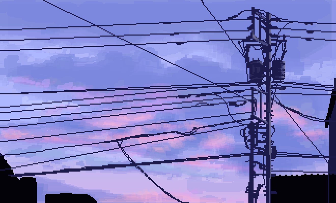 hisachan55cute, original, house, no humans, pastel colors, pixel art, power lines, roof shingles, scenery, silhouette, sky, sky focus, town, utility pole