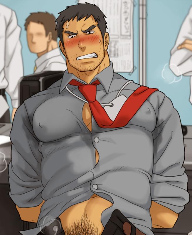 tukinen, doujima ryoutarou, persona, persona 4, commentary request, 1boy, arms behind back, bara, beard stubble, black hair, blurry, blurry background, blush, collared shirt, covered erect nipples, facial hair, grey shirt, indoors, large pectorals, male focus, male pubic hair, mature male, necktie, office, pectorals, pubic hair, red necktie, shirt, short hair, solo focus, stubble