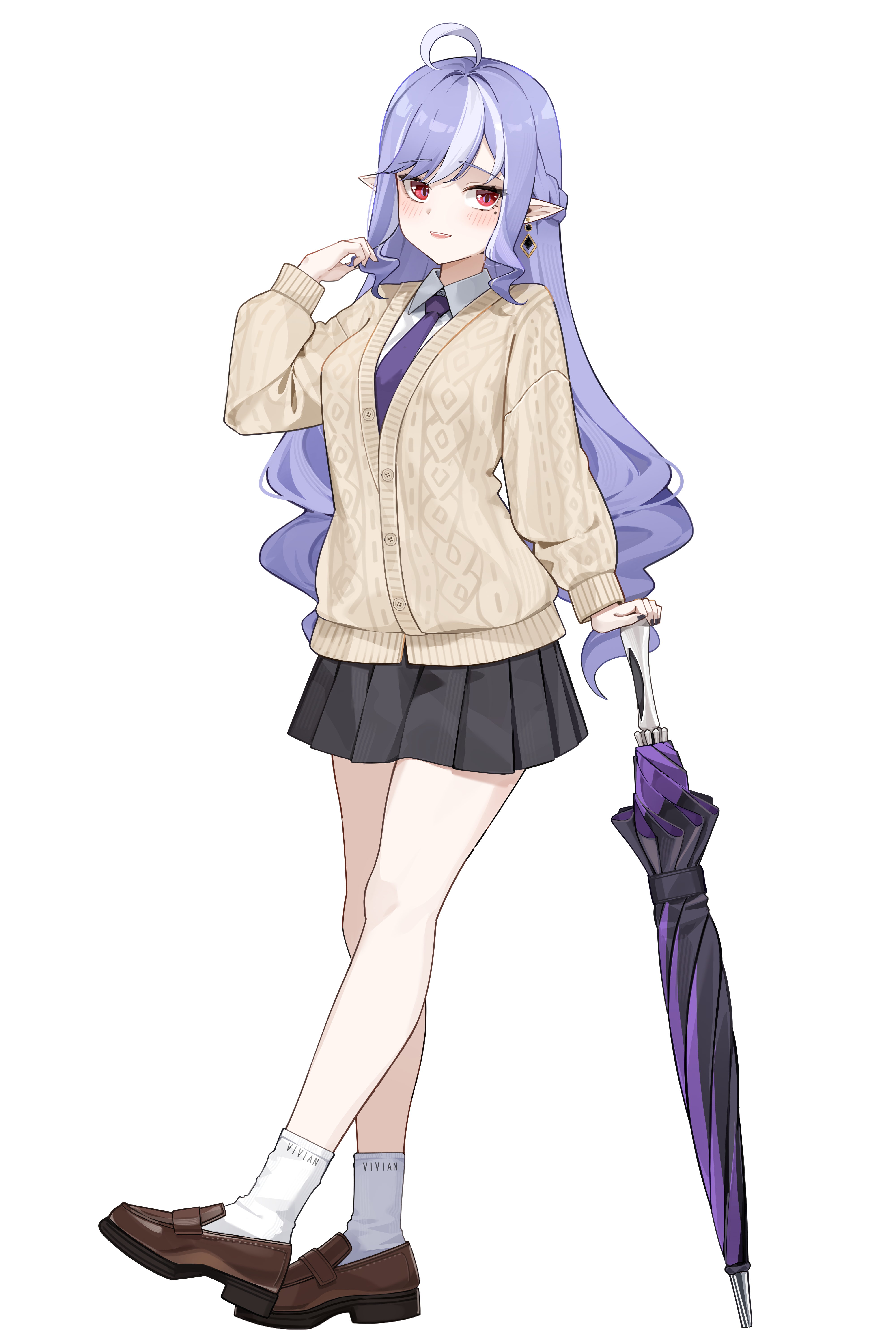 opm7760, vivian banshee, zenless zone zero, absurdres, highres, 1girl, ahoge, alternate costume, bare legs, black skirt, brown shoes, cardigan, closed umbrella, earrings, full body, hand up, jewelry, loafers, long hair, long sleeves, miniskirt, mole, mole under eye, necktie, pleated skirt, purple hair, purple necktie, red eyes, shoes, simple background, skirt, socks, solo, standing, umbrella, very long hair, white background, white socks