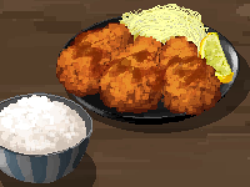 hisachan55cute, original, variant set, bowl, food, food focus, fried food, from above, fruit, lemon, lemon slice, no humans, oyster, pixel art, plate, rice bowl, sauce, seafood, soy sauce