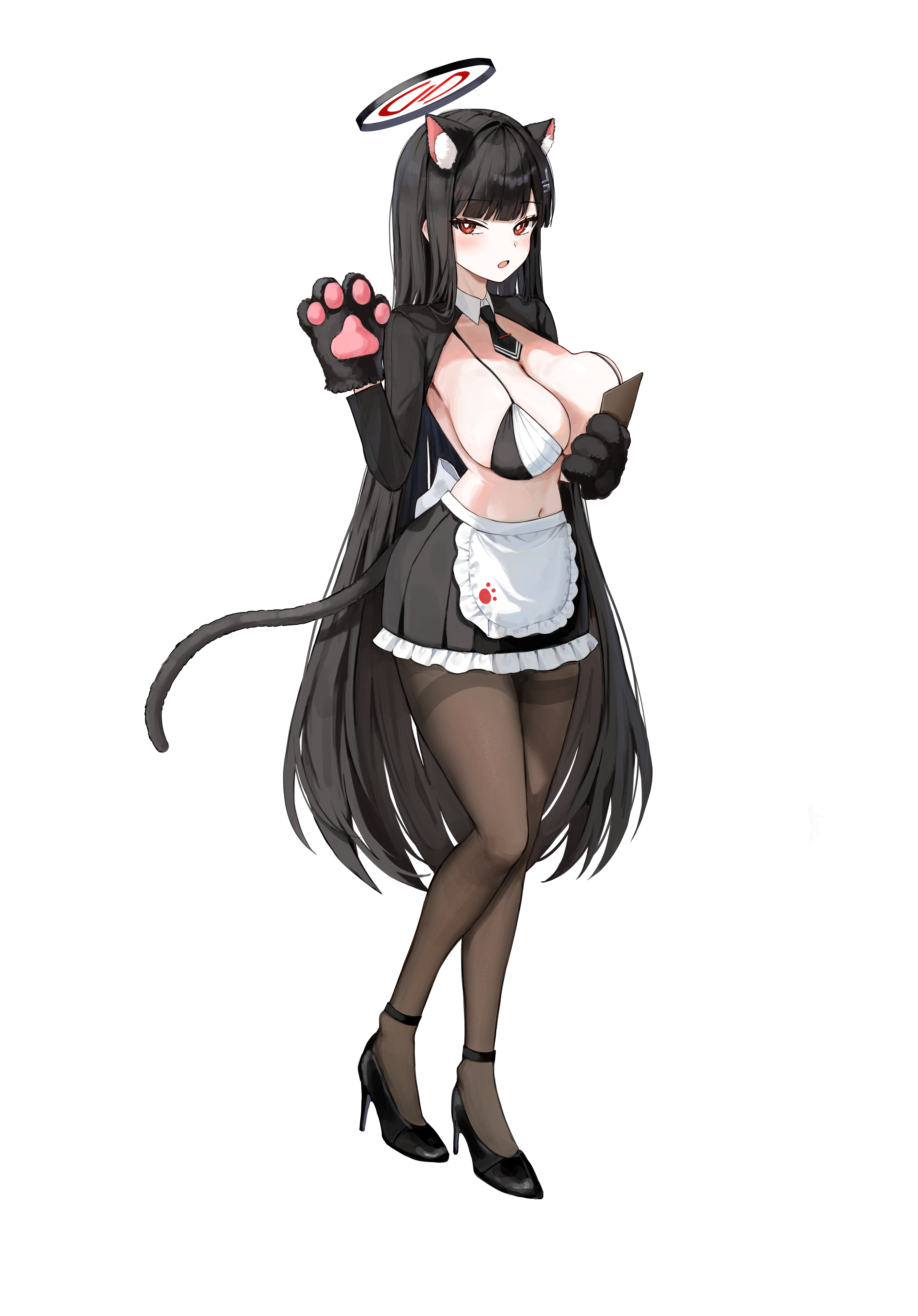ponya 0000, rio (blue archive), blue archive, absurdres, commentary request, highres, 1girl, :o, alternate costume, animal ear fluff, animal ears, animal hands, apron, black gloves, black hair, black halo, black necktie, black pantyhose, black shoes, black shrug, black skirt, black tail, blush, breasts, cat ears, cat tail, cleavage, frilled apron, frills, full body, gloves, halo, high heels, holding, kemonomimi mode, large breasts, long hair, looking at viewer, multicolored halo, navel, necktie, pantyhose, paw gloves, red eyes, red halo, shoes, shrug (clothing), skirt, solo, standing, stomach, tail, two-tone halo, very long hair, waist apron, white apron