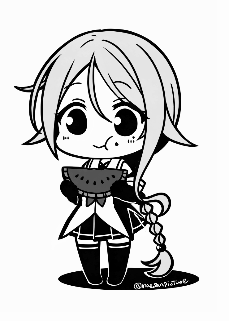 mae (maesanpicture), umikaze (kancolle), kantai collection, commentary request, 1girl, braid, chibi, elbow gloves, gloves, greyscale, hair flaps, low ponytail, mole, mole under eye, monochrome, ponytail, school uniform, serafuku, single braid, solo, standing, thighhighs, twitter username
