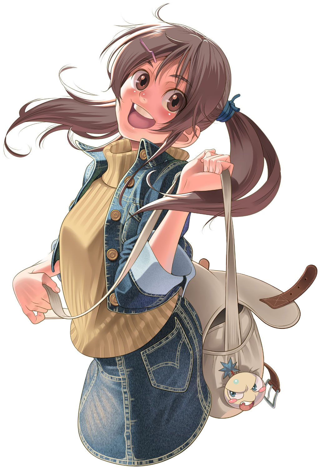 pairan, aoi sora (pairan), original, bad id, bad pixiv id, highres, 1girl, bag, brown eyes, brown hair, denim, denim jacket, denim skirt, female focus, hair ornament, hairclip, jacket, long hair, open mouth, round teeth, shoulder bag, simple background, skirt, smile, solo, teeth, twintails, white background