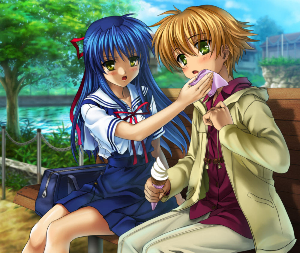 mutsuki (moonknives), sagara misae, shima katsuki, clannad, key (company), bad id, bad pixiv id, 00s, blue hair, food, ice cream, long hair, school uniform, sitting