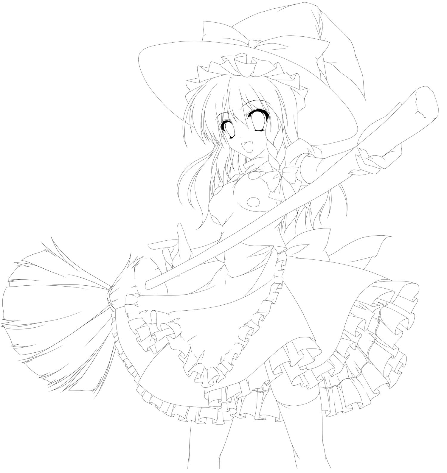 kamiya tomoe, kirisame marisa, touhou, highres, 1girl, female focus, greyscale, hat, lineart, monochrome, solo, witch, witch hat