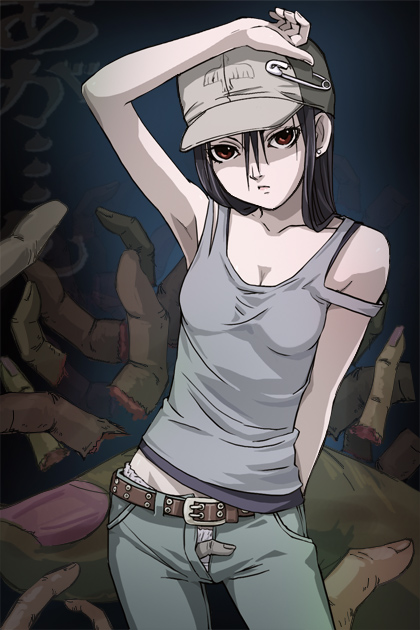 haruyama kazunori, yuuko (yubi), yubi, baseball cap, black hair, casual, guro, hat, open fly, panties, red eyes, safety pin, solo, staring, strap slip, tomboy, underwear, unzipped, when you see it