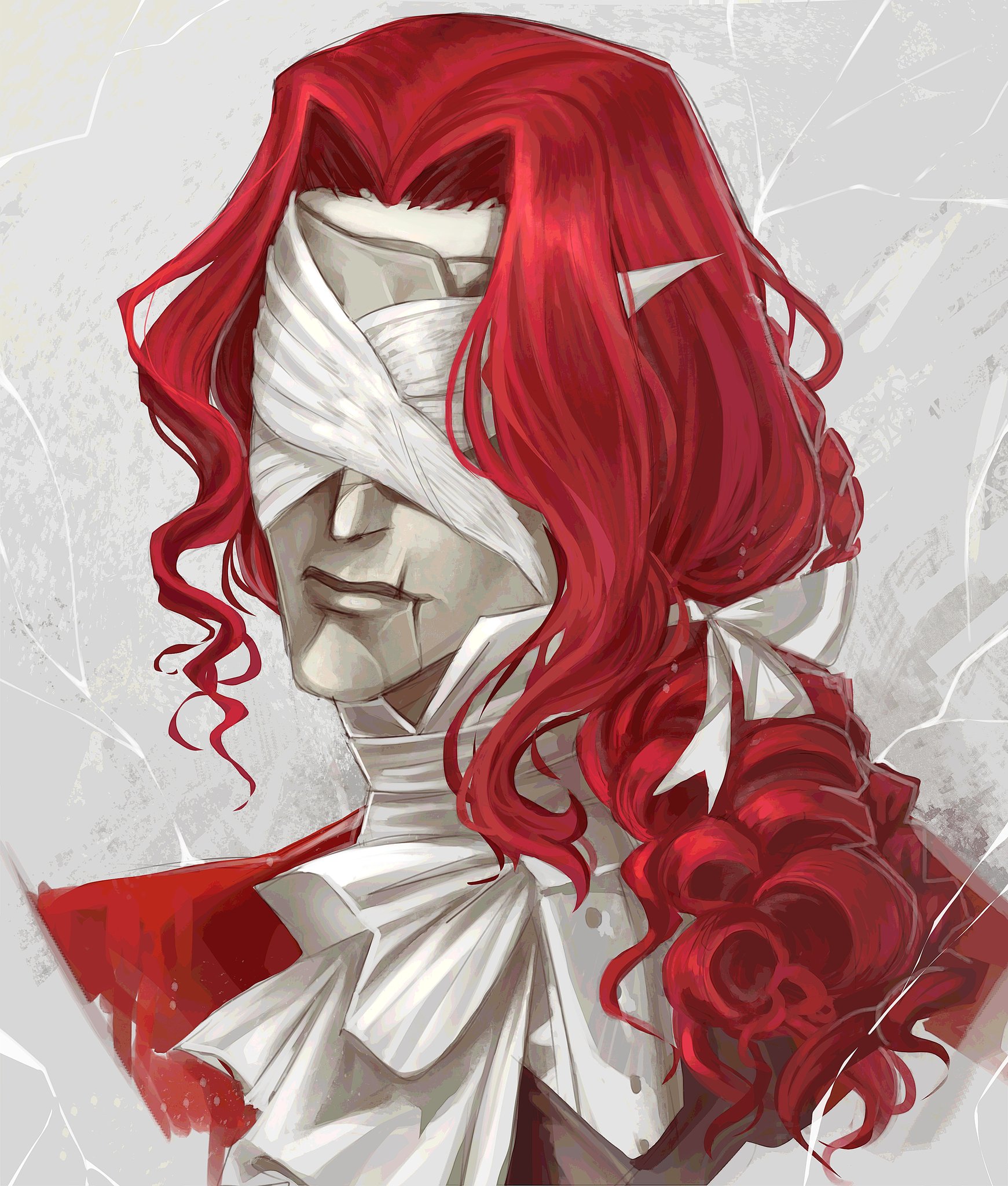 riba (chelinya), aleph (reverse:1999), reverse:1999, highres, 1boy, ascot, covered face, cracked mask, facing viewer, grey background, hair intakes, long hair, male focus, official alternate costume, portrait, red hair, solo, white ascot, white mask