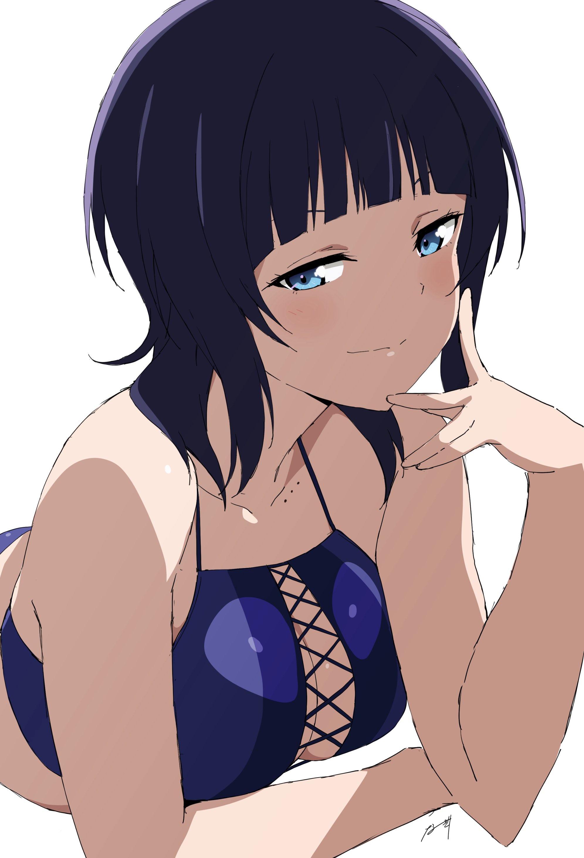 nagi mkrnpn, asaka karin, love live!, love live! nijigasaki high school idol club, absurdres, commentary, highres, 1girl, blue eyes, blue hair, breasts, cleavage, collarbone, half-closed eyes, large breasts, looking at viewer, medium hair, mole, mole on collarbone, multiple moles, seductive smile, smile, solo, swimsuit, white background
