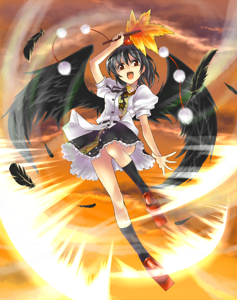 takemori shintarou, shameimaru aya, touhou, bad id, bad pixiv id, 1girl, black wings, feathers, female focus, geta, looking at viewer, open mouth, solo, tengu-geta, wings