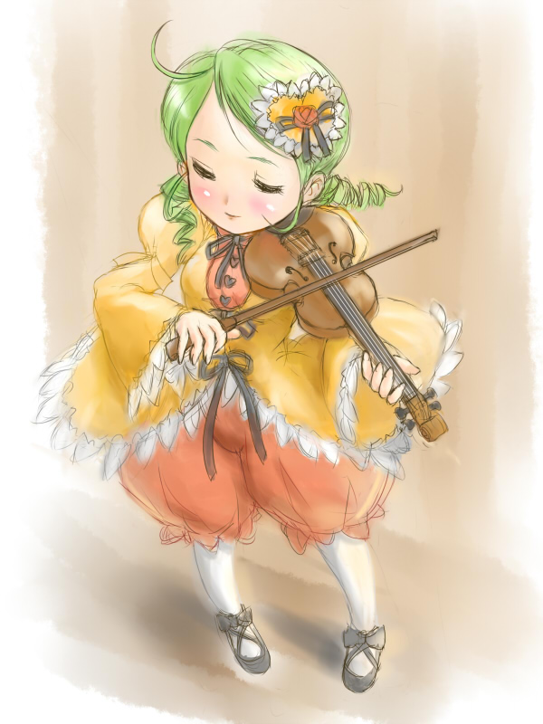 ginjyasei, kanaria, rozen maiden, 00s, ahoge, closed eyes, dress, drill hair, green hair, instrument, solo, violin