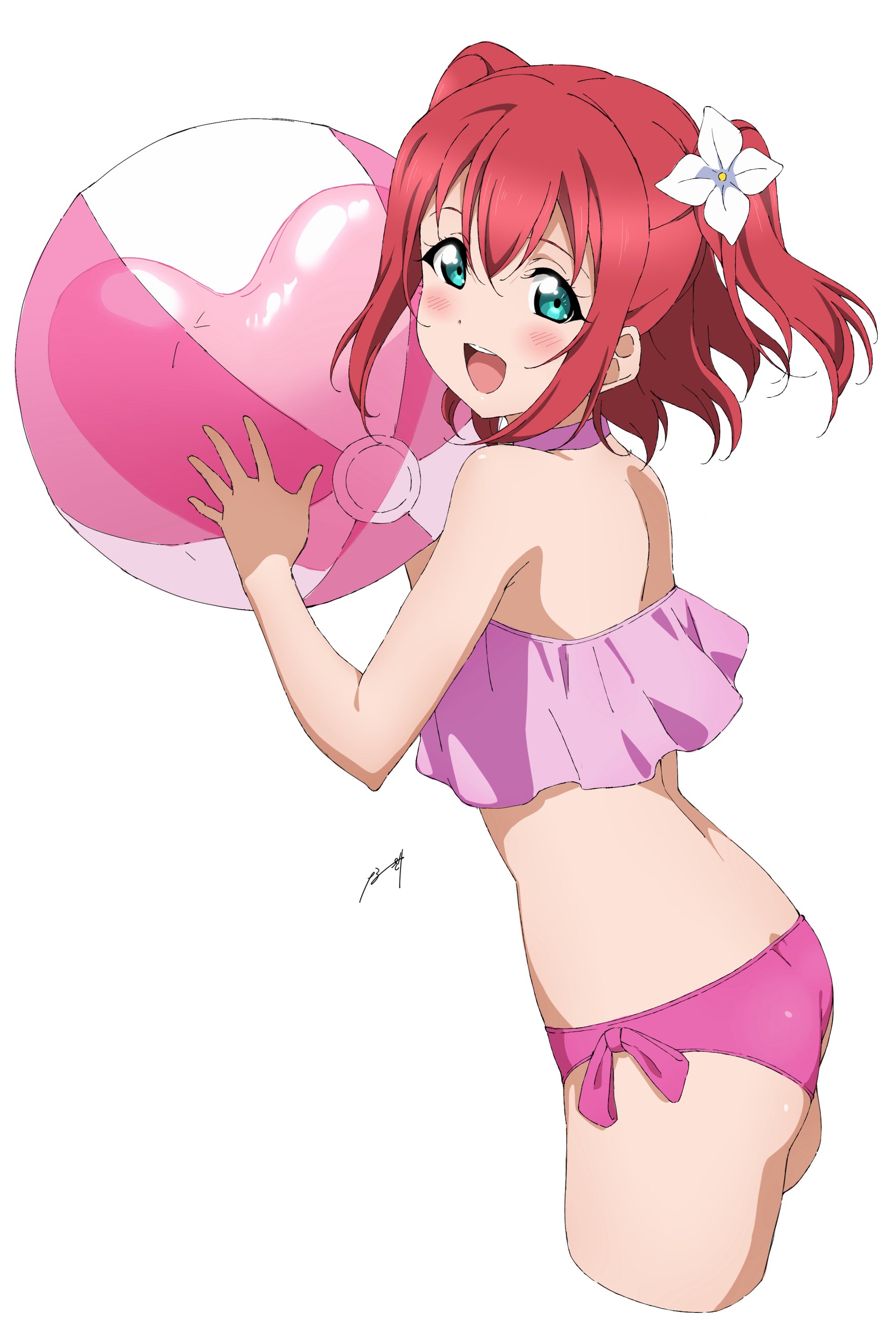 nagi mkrnpn, kurosawa ruby, love live!, love live! sunshine!!, absurdres, commentary, highres, 1girl, aqua eyes, ass, ball, beachball, bikini, blush, holding, holding ball, looking at viewer, medium hair, open mouth, pink bikini, red hair, smile, solo, swimsuit, twintails, white background