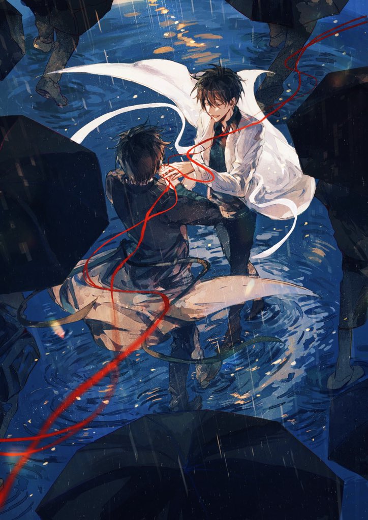 kim dokja, yoo joonghyuk, omniscient reader's viewpoint, 2boys, 6+others, :d, black coat, black hair, black shirt, black umbrella, breathing742105, coat, from above, grin, hand up, holding, holding hands, holding umbrella, looking at another, multiple boys, multiple others, open clothes, open coat, open mouth, popped collar, rain, reflection, reflective water, ripples, shirt, short hair, smile, string, string of fate, umbrella, white coat