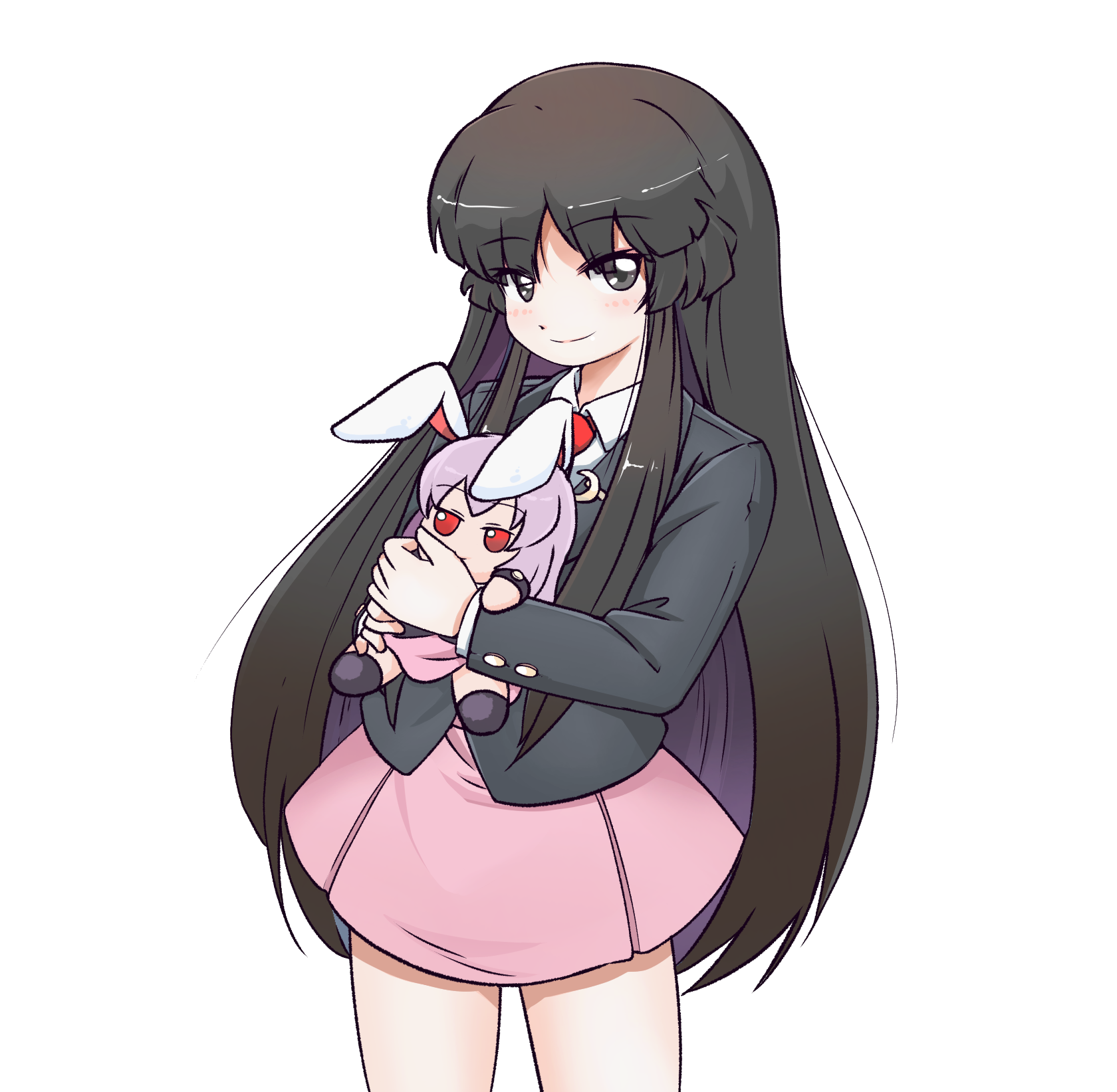 mirae somang, houraisan kaguya, reisen udongein inaba, touhou, bilingual commentary, commentary, english commentary, highres, korean commentary, mixed-language commentary, 1girl, alternate costume, black eyes, black hair, black jacket, blush, character doll, closed mouth, collared shirt, cosplay, crescent, crescent pin, doll, fumo (doll), holding, holding doll, jacket, long hair, long sleeves, looking at viewer, necktie, pink skirt, red necktie, reisen udongein inaba (cosplay), shirt, simple background, skirt, smile, solo, very long hair, white background, white shirt
