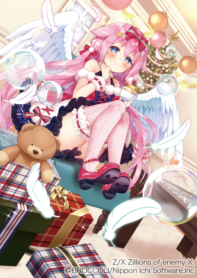 pico (p i c o), z/x, official art, 1girl, :t, blue eyes, bow, box, bubble, chair, christmas tree, copyright notice, cup, drinking glass, feathered wings, feathers, food, fork, frilled thighhighs, frills, gift, gift box, hair bow, hair ornament, hairclip, holding, holding cup, holding fork, indoors, long hair, marie (z/x), on chair, open mouth, pink hair, pink thighhighs, red bow, red shoes, santa costume, shoes, sitting, solo, sparkle, star (symbol), star hair ornament, stuffed animal, stuffed toy, sweets, table, teddy bear, thighhighs, white feathers, window, wings