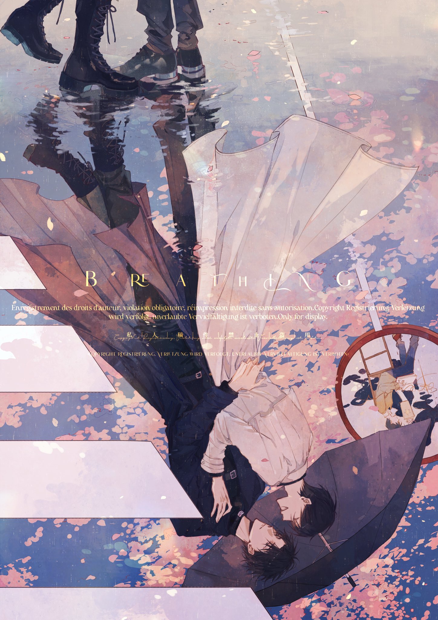 kim dokja, yoo joonghyuk, omniscient reader's viewpoint, highres, 2boys, black coat, black shirt, black umbrella, boots, breathing742105, cherry blossoms, coat, crosswalk, falling petals, foot up, grin, hand on another's back, hand on another's shoulder, holding, holding umbrella, implied yaoi, looking at another, male focus, multiple boys, open clothes, open coat, petals, popped collar, reflection, reflection focus, reflective water, ripples, road, road sign, shirt, sign, smile, street, umbrella, water, white coat