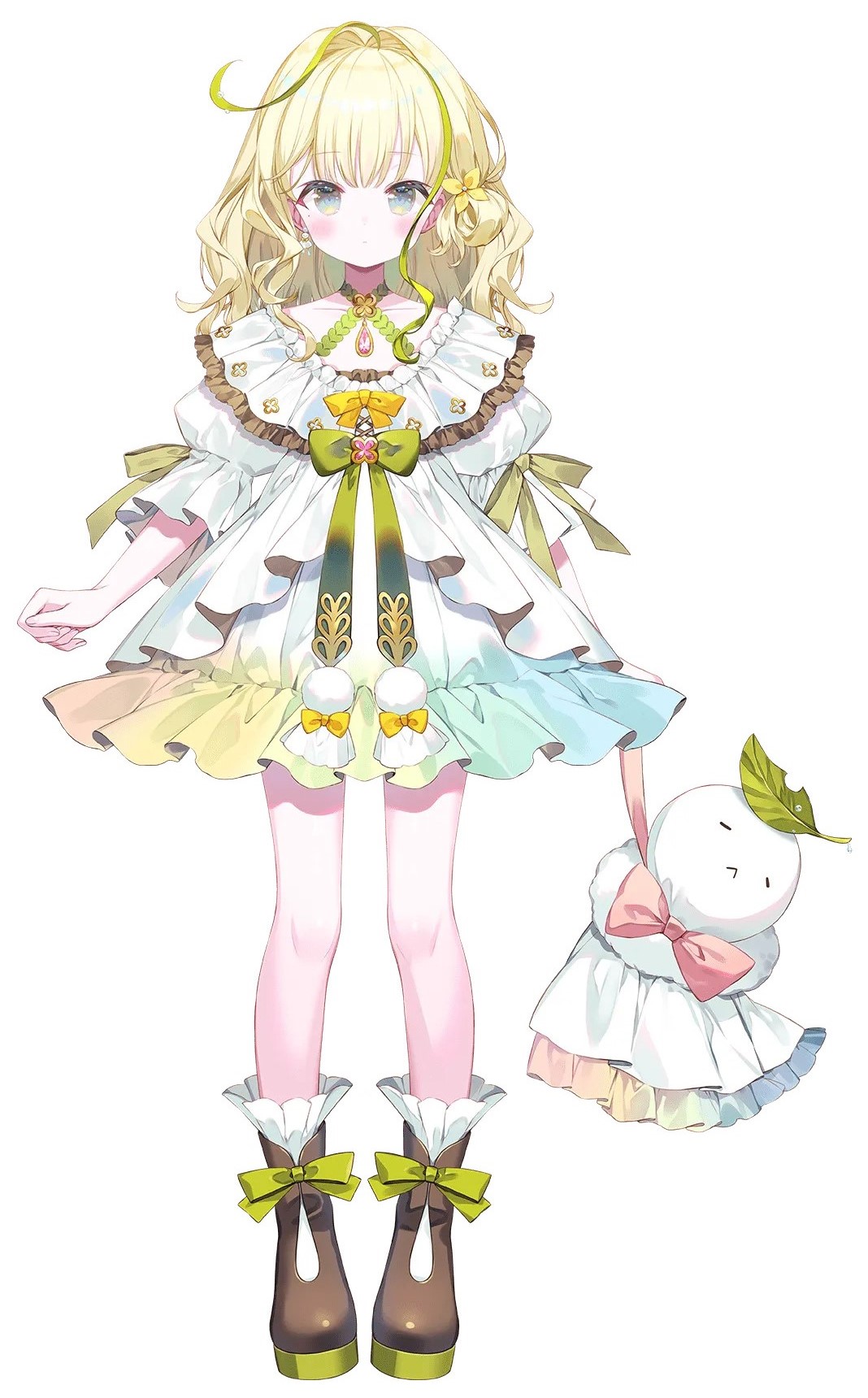 ibara riato, vspo!, highres, official art, 1girl, blonde hair, blue eyes, blush, boots, bow, brown boots, doll, dress, full body, green eyes, hinata haru (vspo!), holding, holding doll, leaf, long hair, looking at viewer, pink bow, simple background, solo, standing, tachi-e, transparent background, virtual youtuber, vspo! cn, white dress