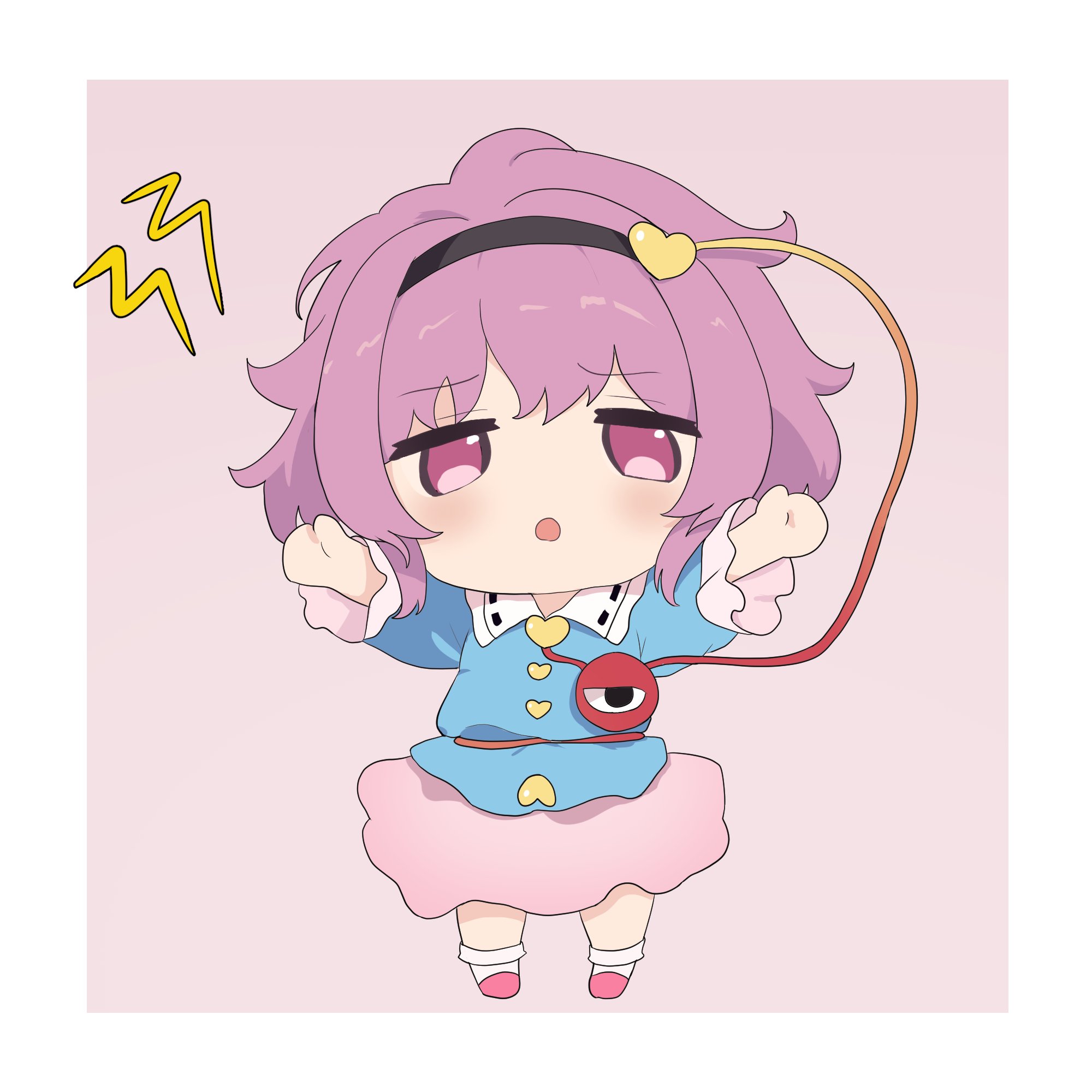 moriforest1040, komeiji satori, touhou, highres, blue dress, chibi, dress, hairband, heart, pink skirt, purple hair, red eyes, shoes, short hair, simple background, skirt