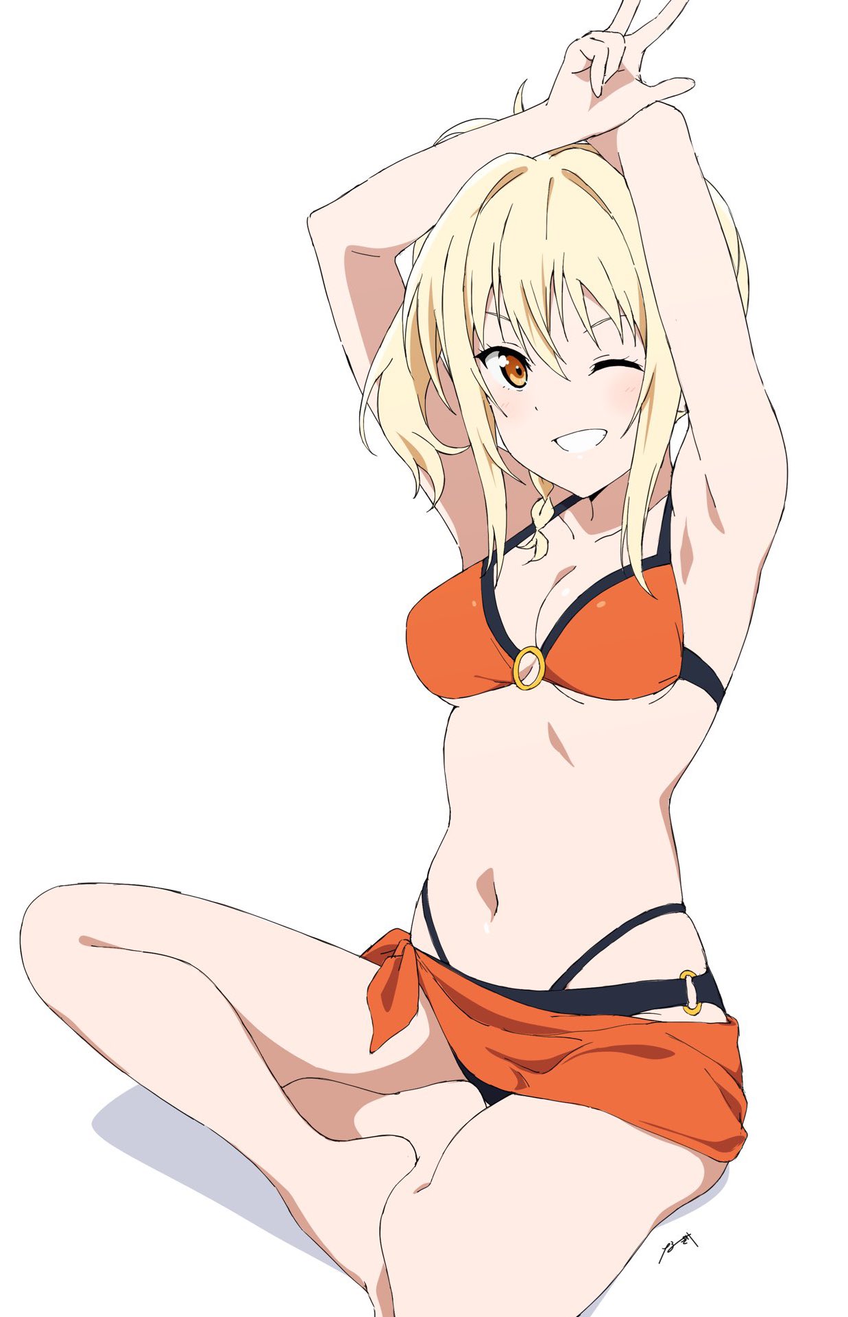 nagi mkrnpn, miyashita ai, love live!, love live! nijigasaki high school idol club, commentary, cropped, highres, 1girl, arms up, bikini, black bikini, blonde hair, breasts, brown eyes, cleavage, indian style, looking at viewer, medium breasts, medium hair, multicolored bikini, navel, one eye closed, orange bikini, sitting, smile, solo, swimsuit, white background