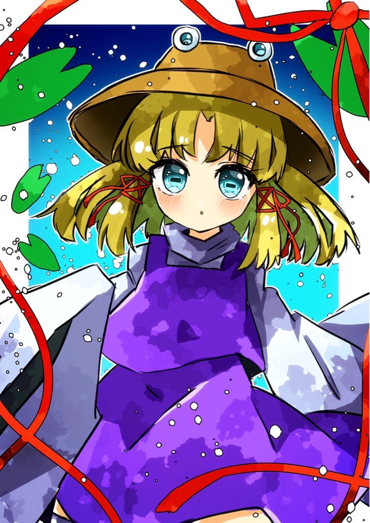 key747h, moriya suwako, touhou, blonde hair, blue eyes, detached sleeves, dress, frog hat, hair ornament, hat, outdoors, purple dress, ribbon, short hair, water drop