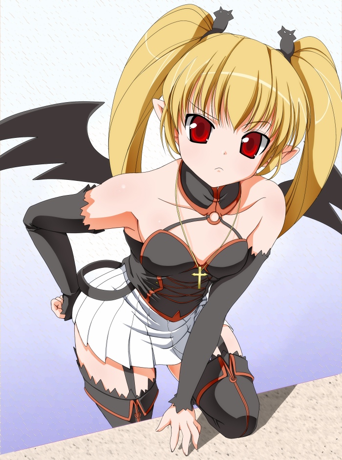 ashita yaru, pachira, renkin san-kyuu magical pokaan, 1girl, blonde hair, boots, cross, detached sleeves, female focus, flat chest, jewelry, long hair, necklace, red eyes, skirt, solo, thigh boots, thighhighs, twintails, wings