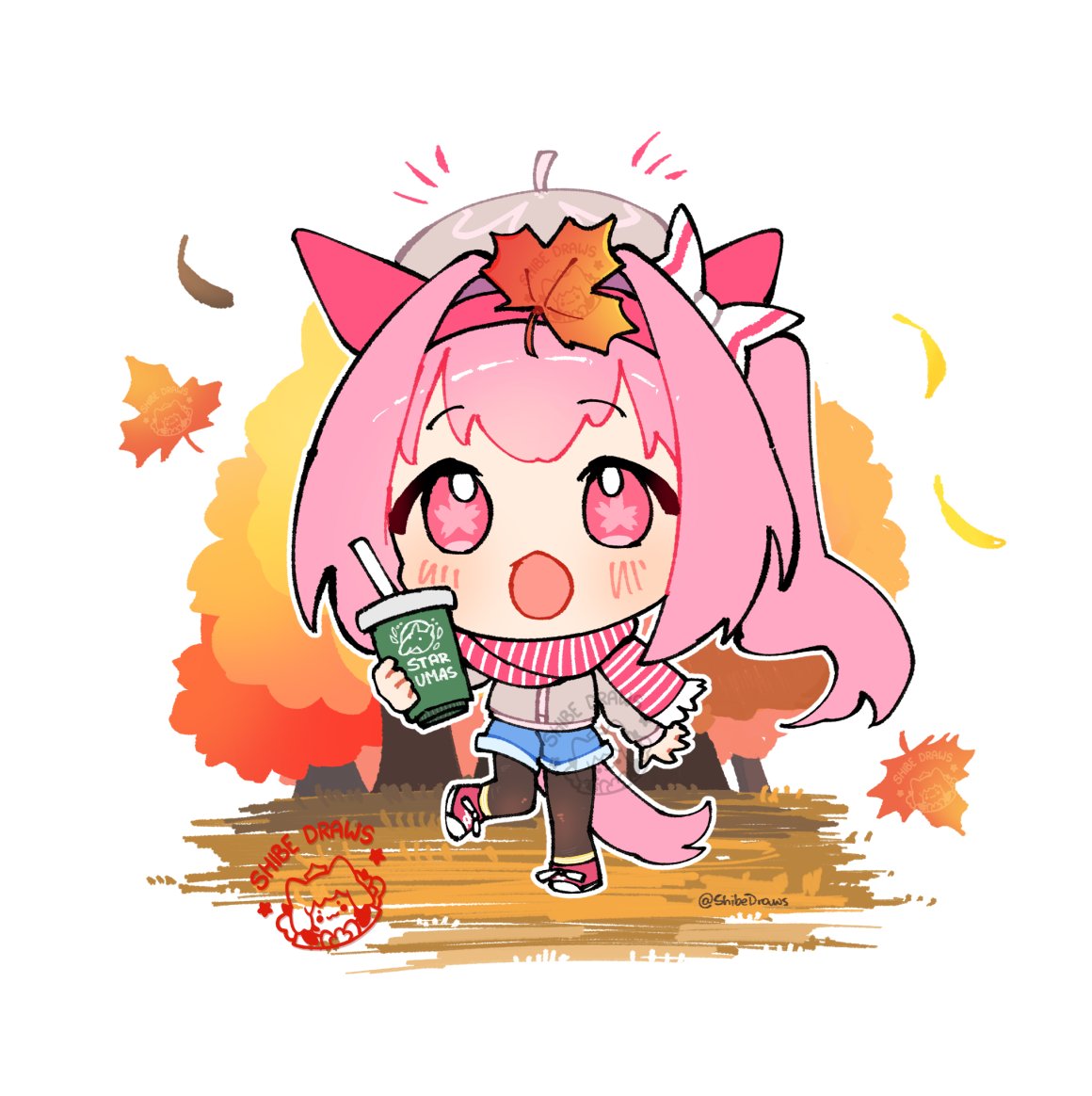 shibedraws, haru urara (umamusume), starbucks, umamusume, commentary, english commentary, alternate costume, animal ears, autumn leaves, beret, black pantyhose, blue shorts, blush, bow, chibi, cup, denim, denim shorts, disposable coffee cup, disposable cup, ear bow, ear covers, flower-shaped pupils, flower in eye, grass, hairband, hat, headband, holding, holding cup, horse ears, horse girl, horse tail, leaf, long hair, long sleeves, looking at viewer, open mouth, outdoors, pantyhose, pantyhose under shorts, pink eyes, pink hair, pink headband, pink scarf, ponytail, red headband, scarf, shoes, shorts, solo, striped clothes, striped scarf, sweater, symbol-shaped pupils, symbol in eye, tail, tree, white scarf