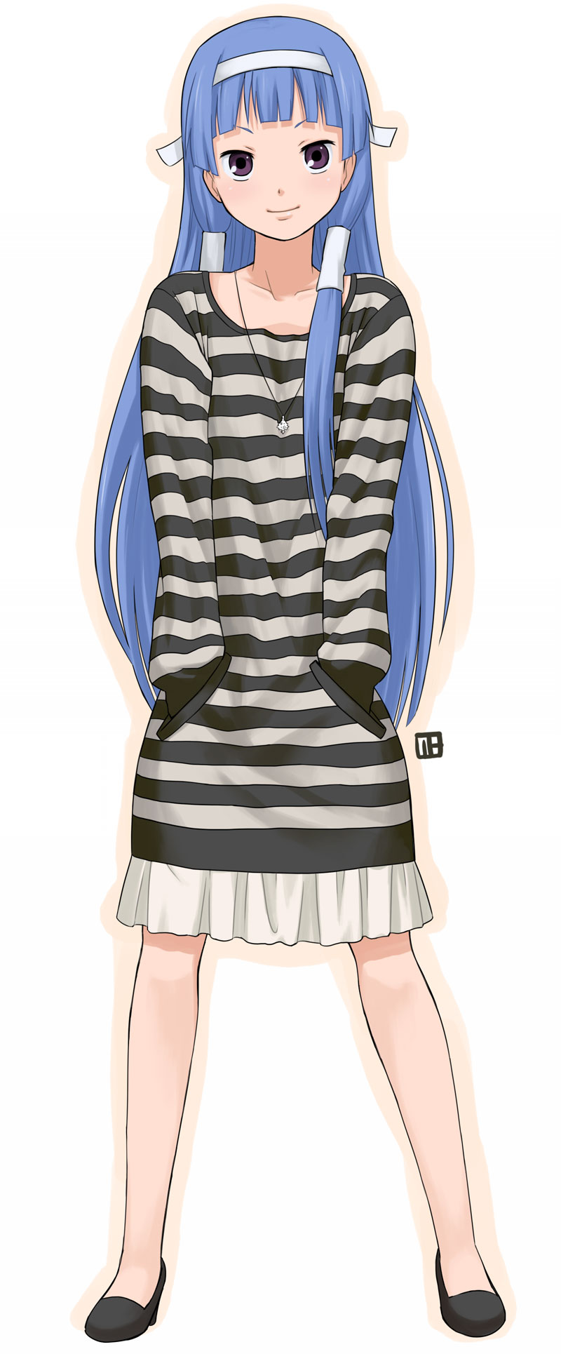 nagian, nagi, kannagi, bad id, bad pixiv id, highres, 00s, 1girl, black shoes, blue hair, blunt bangs, brown eyes, dress, female focus, flats, full body, hair tubes, hairband, hands in pockets, jewelry, necklace, shirt, shoes, solo, standing, striped clothes, striped dress, striped shirt, two-tone stripes