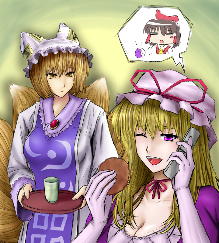 kishimasa, hakurei reimu, yakumo ran, yakumo yukari, touhou, 2girls, animal hat, blonde hair, breasts, cellphone, chibi, cleavage, female focus, flip phone, gloves, hat, long hair, long sleeves, medium breasts, mob cap, multiple girls, one eye closed, phone, purple eyes, short hair, smile, speech bubble, spoken character, tail, talking on phone, tassel, tray, wide sleeves, wink, yellow eyes, yin yang
