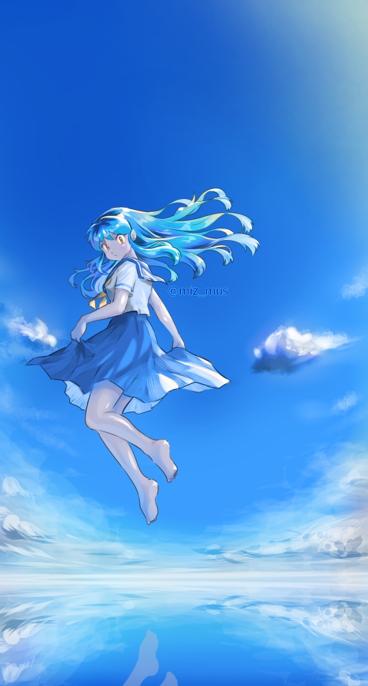 miz mus, lum, urusei yatsura, commentary, 1girl, barefoot, blue sailor collar, blue skirt, blue theme, cloud, cloudy sky, floating hair, flying, from side, full body, long hair, looking at viewer, sailor collar, school uniform, serafuku, shirt, skirt, skirt hold, sky, solo, white shirt
