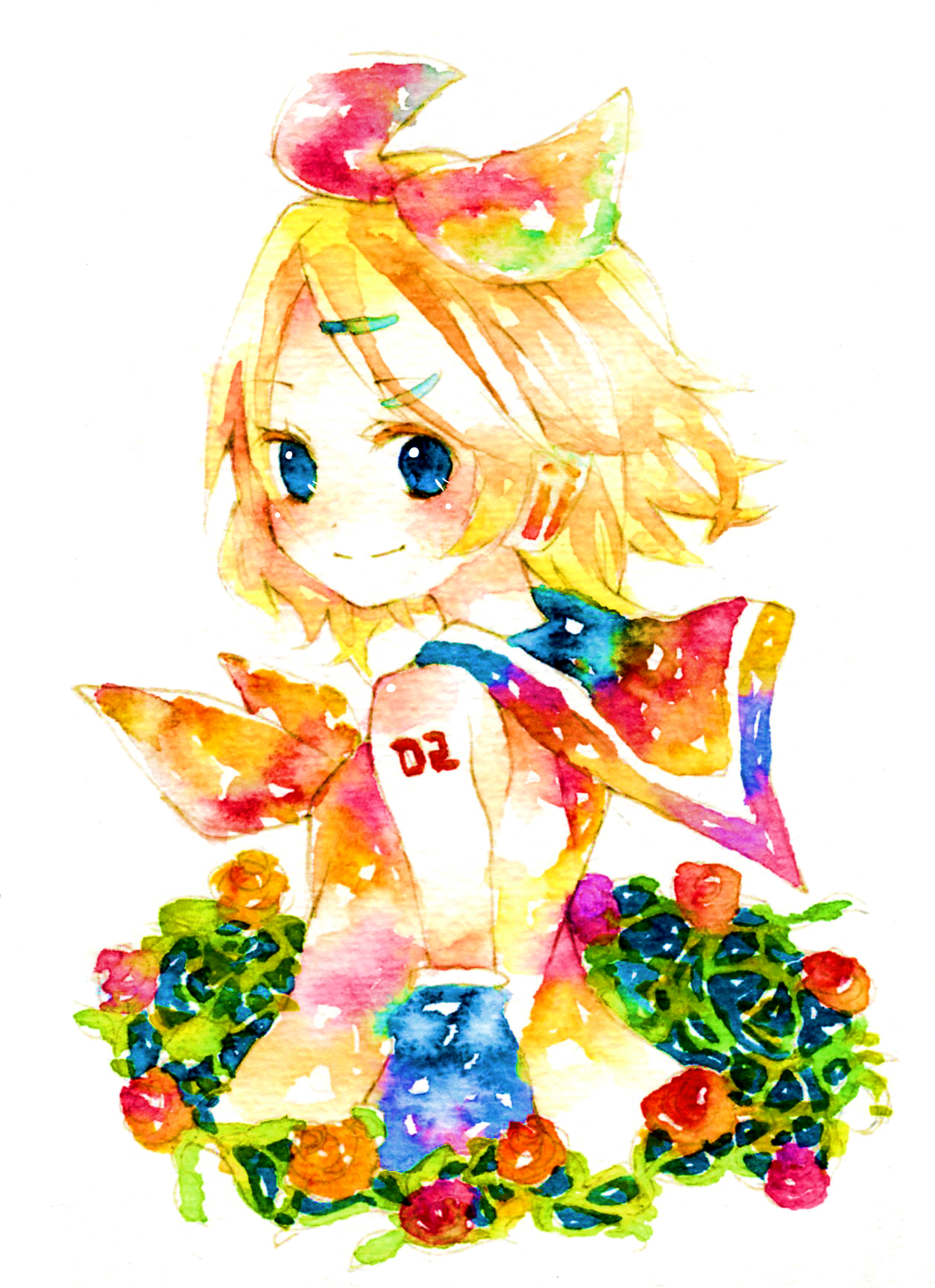 lego (artist), legomaru, kagamine rin, vocaloid, bad id, bad pixiv id, highres, painting (medium), traditional media, watercolor (medium), colorful, flower, solo, white background