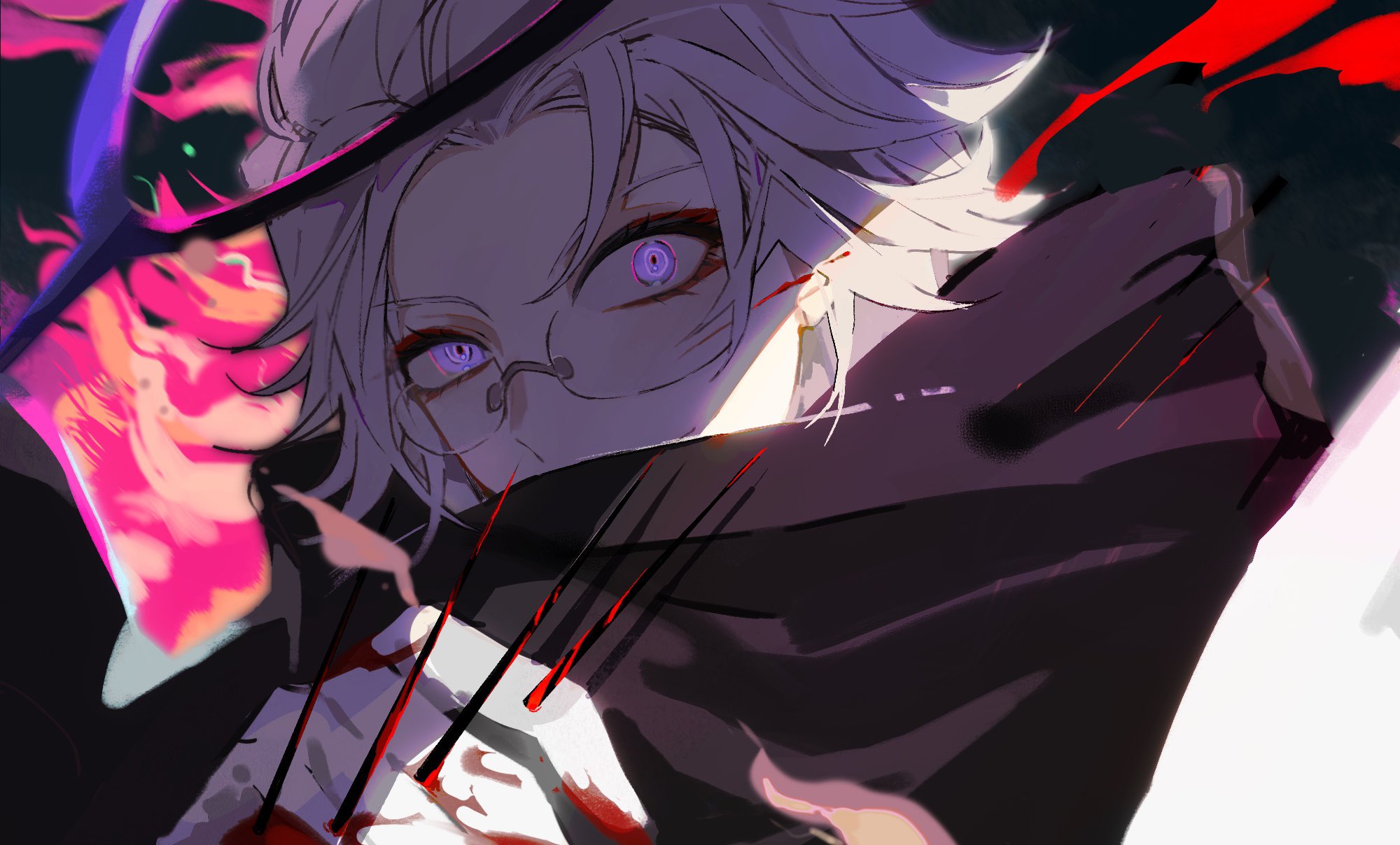 kukirpg 457, aotsuki eito, the hundred line -last defense academy-, hashtag-only commentary, highres, spoilers, 1boy, black cloak, black halo, blood on gloves, cloak, eyeliner, fire, glasses, gloves, grey hair, halo, impaled, last defense academy school uniform, looking at viewer, makeup, male focus, official alternate hairstyle, pink fire, portrait, purple eyes, red eyeliner, school uniform, self-harm, short hair, solo, spikes, uneven eyes